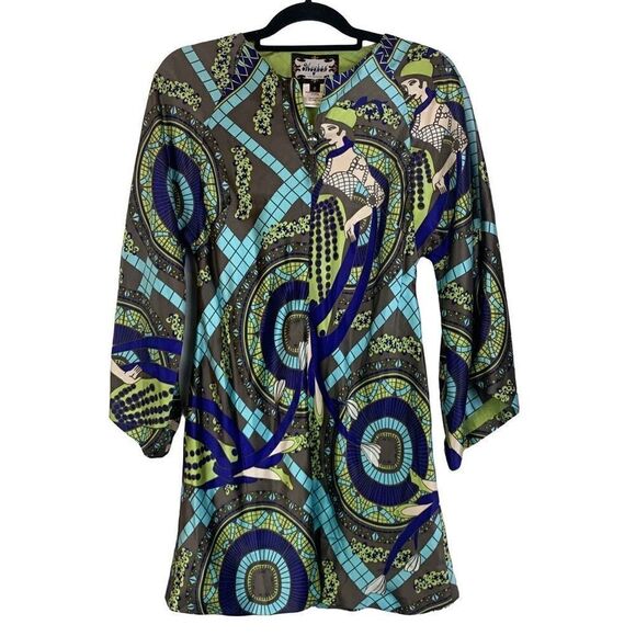 Rare Meghan LA Silk Art Deco Flapper Lady Print Stunning Bold Tunic Dress Size 6 - Picture 1 of 12